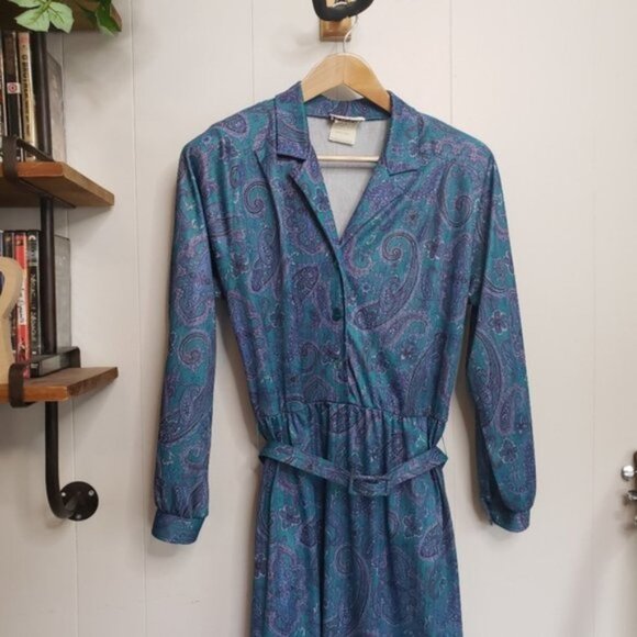 Vintage 70s 80s Secretary Office Midi Dress Blue Paisley Career Boho MCM… - Picture 2 of 13
